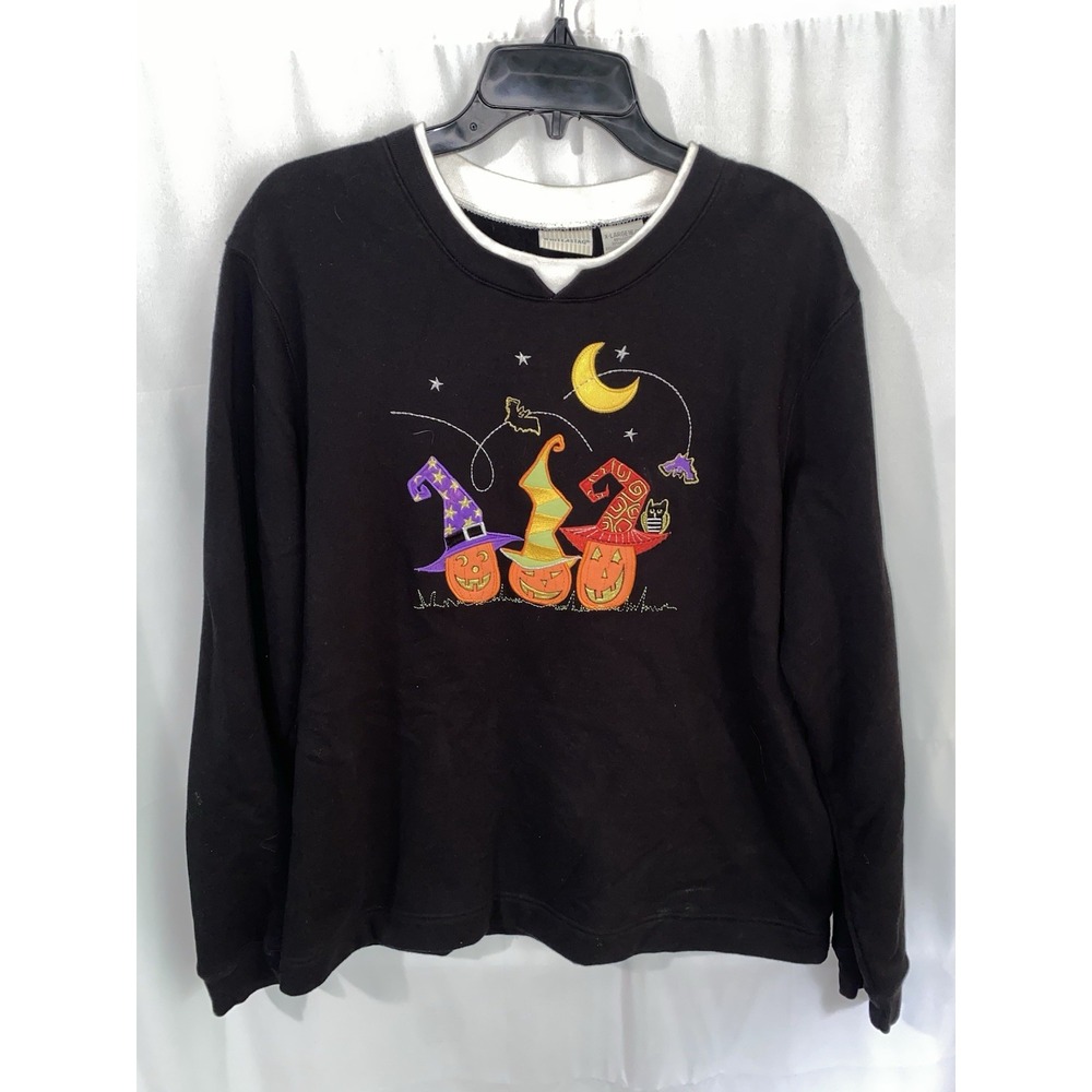 VTG Halloween Pumpkin Witch Bat Jack O Lantern Moon Sweatshirt Womens XL 16/18